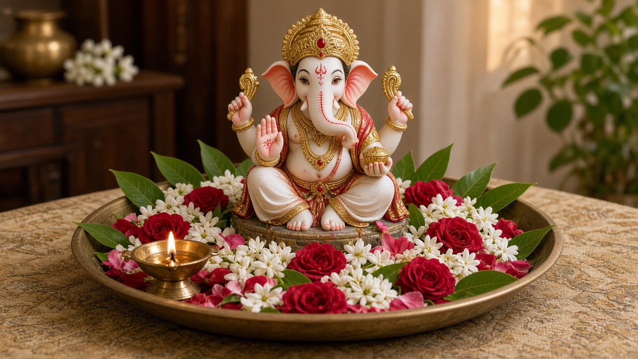Ganesh murti with flowers for puja
