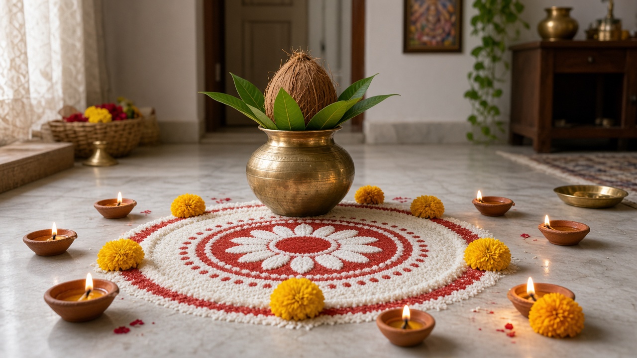 Rice grain mandala for a house puja