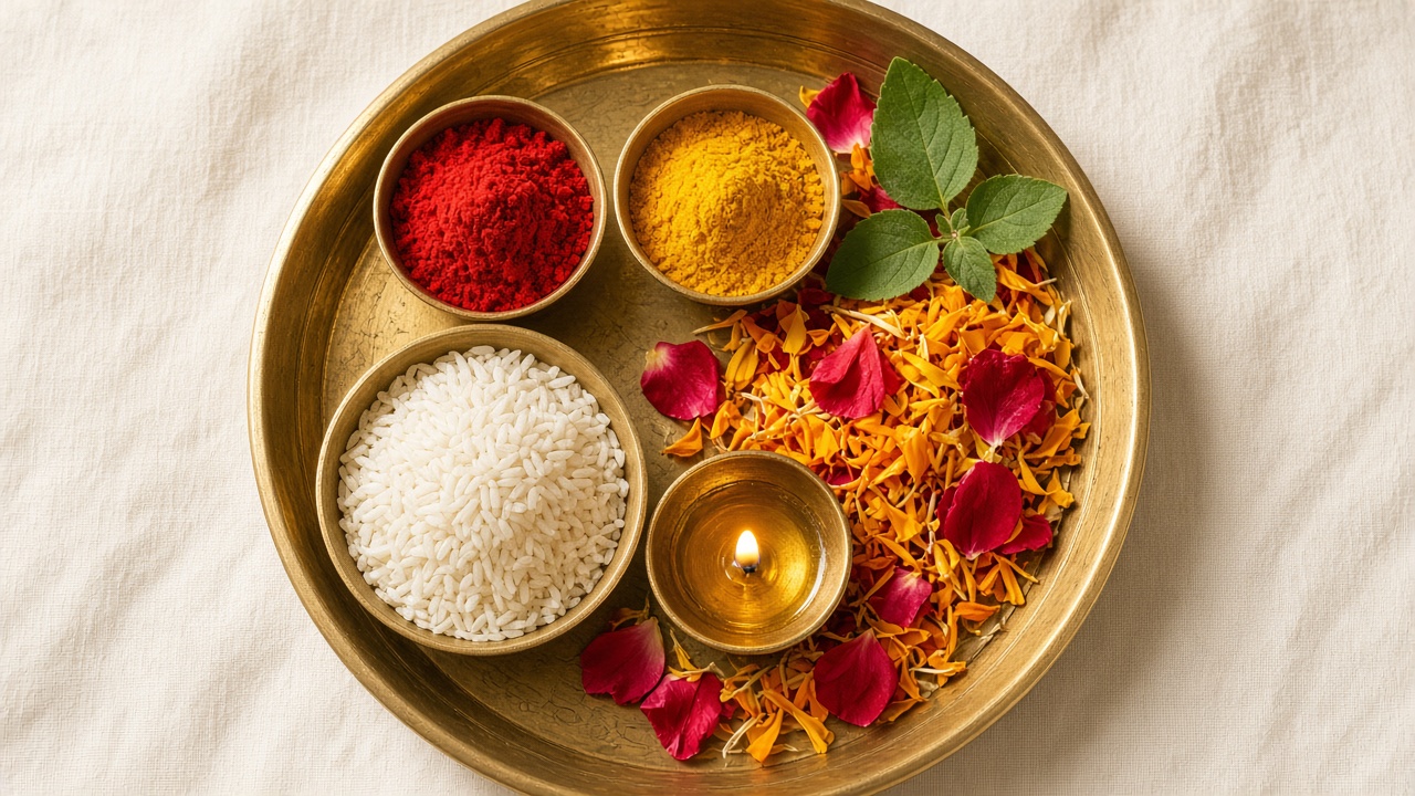 Puja thali with rice, kumkum, and flowers